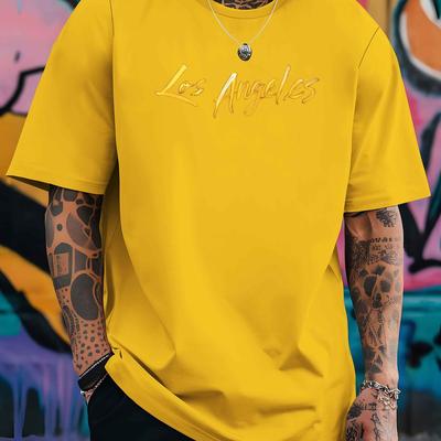 TEMU Men's Los Angeles -shirt - Casual, Breathable Polyester , Short Sleeve, Round Neck, Summer Fashion Top, Summer Casual Wear|round Neck Tshirt| Fabric Image