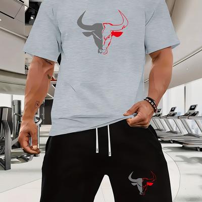 TEMU Men's 2pcs Set, Print Short Sleeve T-shirt And Drawstring Shorts, Casual Sports Crew Neck Tops With Stretch, Polyester 95%, Elastane 5%, Summer Wear Image