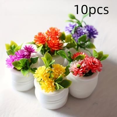 TEMU 10pcs Miniature Colorful Floral Potted Plants For Dollhouses, Vibrant Plastic Artificial Flowers In White Pots, Mini Landscape Decor And Creative Play, Dollhouse Miniatures Image
