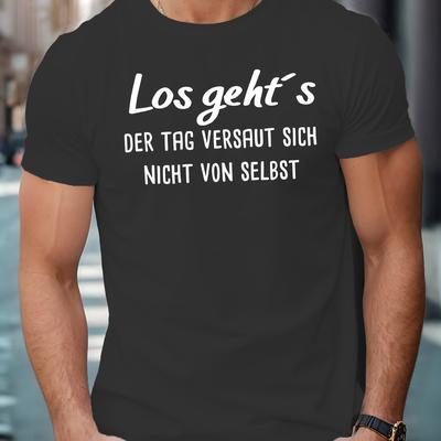 "TEMU Men's Funny German Quote T-shirt - "los Geght's Verdammt Sich" - Black Short Sleeve Crewneck, Casual Summer Top, Polyester Blend, Machine Washable, Funny T Shirts" Image