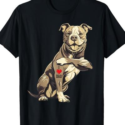 "TEMU Men's Pit Bull "" Graphic T-shirt - 100% Cotton, Black Casual Tee With Heart & Paw , Soft & Comfortable For All" Image