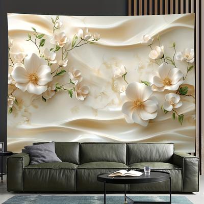 TEMU 3d Floral Wall Mural With Flowers & Green Leaves - Elegant Polyester For Living Room, Bedroom, Or Home Decor, Living Room Decor | Luxurious Style | Flowers, Floral Wallpaper Image