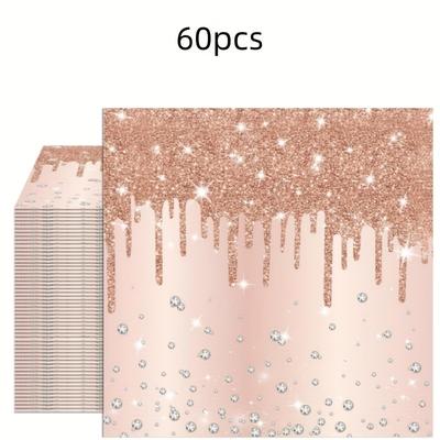 TEMU 60pcs 2-ply Rose Golden Diamond Themed Paper Napkins, Pink Rose Golden, For Weddings, Birthdays, Anniversaries, Spring, Summer, Fall, Supplies Image