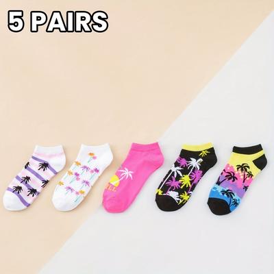 TEMU 5 Pairs Women's Tropical Hawaiian Print Socks - Breathable, Gym & Casual Wear, Travel Essentials, Gift Idea, Polyester Blend, Hand Washable, Gym Socks|tropical Print Socks|stretchy Fabric Image