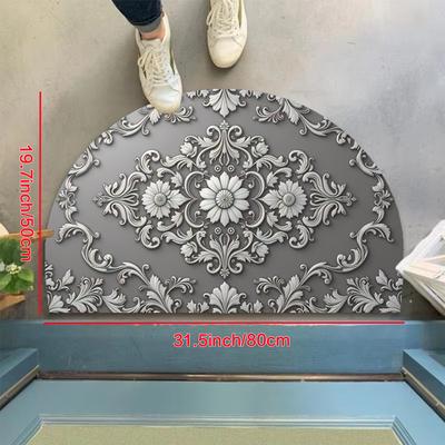 TEMU 1pc European Style Half-round Doormat - 850g/m² Heavyweight Polyester, Absorbent Non-slip Entry Mat With Floral , Machine Washable For Indoor/outdoor Use - Multiple Sizes Image
