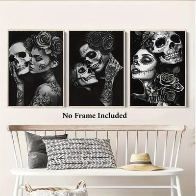 TEMU 3pcs Gothic And Rose Canvas Art Prints - Unframed, Black And White Wall Decor For Home, Office, Bar, Cafe, Classroom, Dormitory - Ideal For Halloween, Day, Graduation, Deco Image
