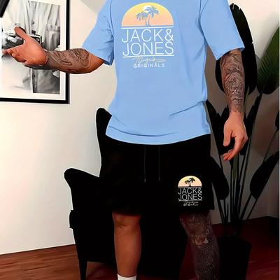 "TEMU Men's Casual Summer Two-piece Set - " " Graphic Tee & Shorts, White Sneakers, Tattooed Model, Outdoor Sportswear, Casual Attire | Graphic Tee Set | Polyester Fabric, Plus Size" Image