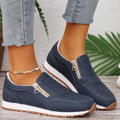 TEMU Navy Blue Slip-on Sneakers With Double Zipper Closure - Comfortable, Fashionable, Low Top, Round Toe, Sneakers For Women, Casual Footwear | Trendy Casual Shoes | Durable Footwear Image
