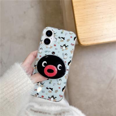 TEMU Crystal Transparent White Light Full Screen Illustration Phone Case With Penguin Rotating Bracket For Iphone 11 12 13 Image