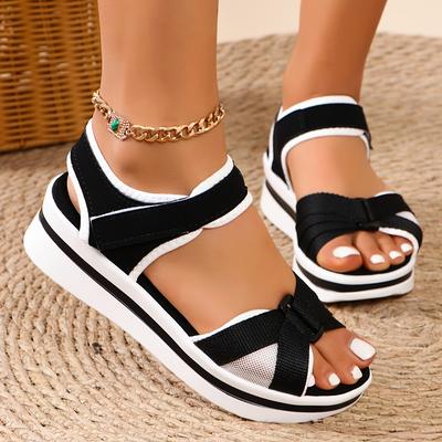 TEMU Elegant Women's Summer Flat Slip-on Sandals With Adjustable Straps, Light Blue Fabric Upper & White Trim, Comfortable Tpr Sole For Casual And Beach Image