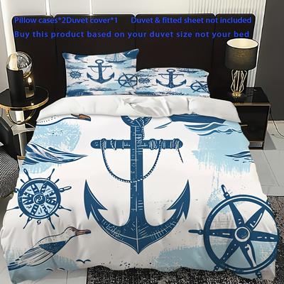TEMU 3pcs Nautical Ship Pattern Printed Bedding Set, 1* Duvet Cover + 2* Pillowcase (no Pillow Core), Cool And Comfortable, Suitable For Most Bedroom Home Furnishings, Hotel Theme Apartment, Lounge Image