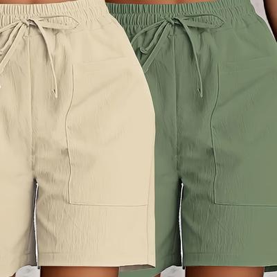 TEMU 2pcs Women's Casual Solid Color Drawstring Shorts With Pockets - Light , Polyester, Machine Washable, Elegant Summer Style Image