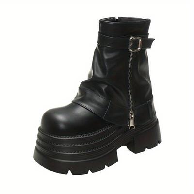 TEMU Women's Pu Ankle Boots With Side Zipper - Round Toe, Chunky Block Heel, Mid-calf Height, Stylish Boots For Fall And Spring, Stylish Ankle Boots | Chunky Heel Boots | Zipper Closure Boots Image