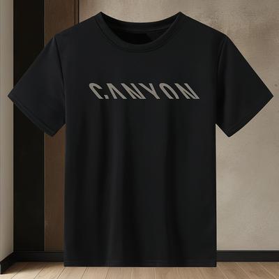 "TEMU Men's Casual Crew Neck Short Sleeve T-shirt - Black With White "canyon" Print, Lightweight Summer Tee For Casual Attire, Soft Fabric Shirt" Image