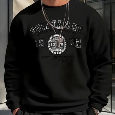 "TEMU 250g Casual Crew Neck Sweatshirt For Men - "tom Tailor Urban Fashion Gear" Print, Loose Fit, Lightweight & Stretchy, Ideal For Spring & Fall, Everyday Apparel | Urban Fashion Gear |" Image