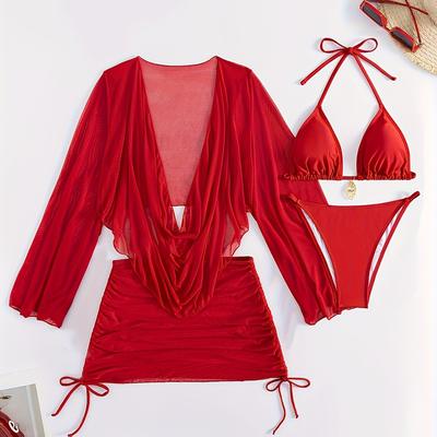 TEMU 4pcs Sexy Bikini Set For Women - High Stretch Fabric, Solid Color, Includes Red Sarong, Lingerie & Toner, Drawstring Detail, Beach Or Poolside Image