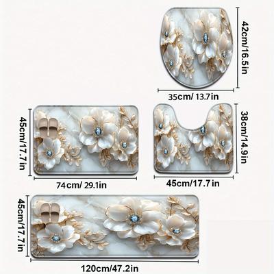 TEMU 3pcs/4pcs 3d Printed Series Diamond Pattern Bathroom Mat Set Toilet Seat Cover U-shaped Foot Mat Image