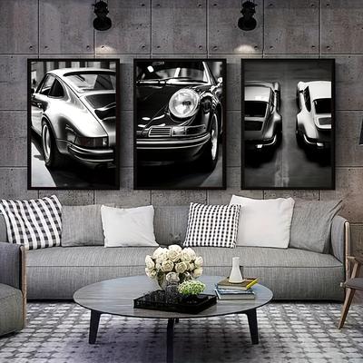 TEMU 3pcs Vintage Sports Car Canvas Wall Art - Black And White Minimalist Poster Prints, Frameless Classic Vehicle Decor For Living Room, Bedroom, Kitchen, Office, Cafe - Ideal Gift For , Image
