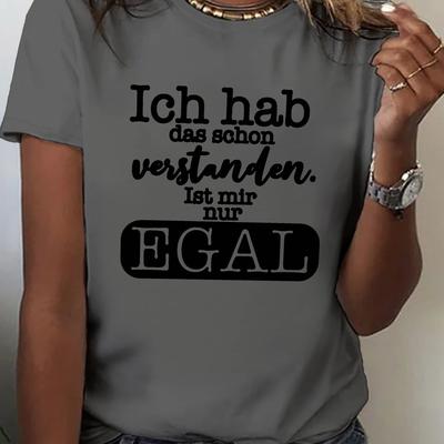 "TEMU Women's German Quote T-shirt - "ich Hab Das Schon Verstanden" Humorous Print, Casual Crew Neck Short Sleeve Top For , Gray With Black Text, Ladies T Shirts" Image
