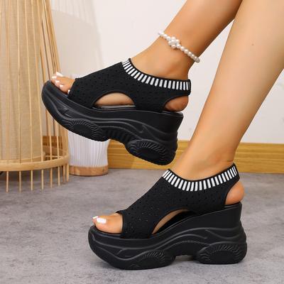 TEMU Ladies' Breathable Knitted Platform Sandals, Comfortable Wedge Casual Shoes, Stylish Thick-soled Outdoor Sports Shoes. Image