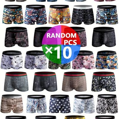 TEMU 10pcs Ice Fiber Men's Boxer Briefs - Soft, Breathable, Random Print, High Elasticity, Hand Wash Only, Assorted Colors & Patterns, Comfortable | Print | Smooth Texture Image