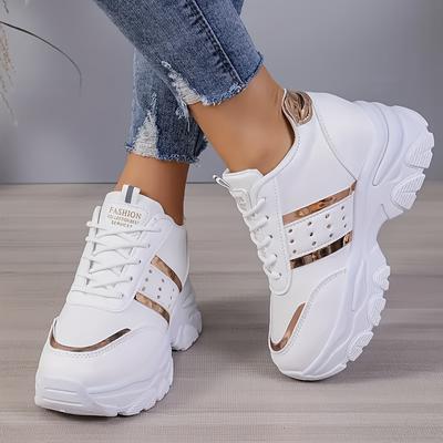 TEMU Women's Breathable Chunky Dad Shoes - White & Rose Golden Casual Sneakers, Anti-slip Thick Rubber Sole, Lace-up For , Ladies Sneakers Image