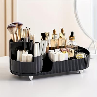 TEMU 360° Rotating Makeup Organizer With Brush Holder & Lipstick Cup – No Installation Needed, Vanity, Bathroom, Or Living Room – Cream White/black Options – Great Gift For Valentine’s Day Image
