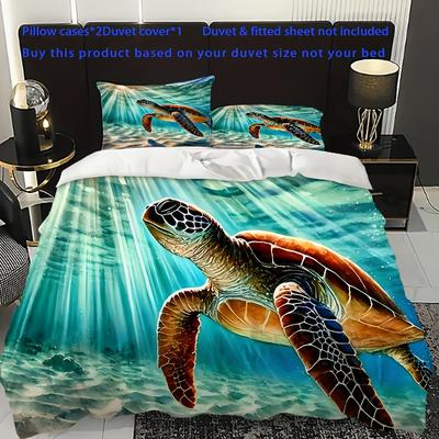 TEMU 3pcs Turtle Pattern Printed Bedding Set, Includes 1 Duvet Cover And 2 Pillowcases Without Pillows, Light Beige-friendly , Suitable For Hotel Themed Rooms, Living Room, Public Bedroom Home Decor Image