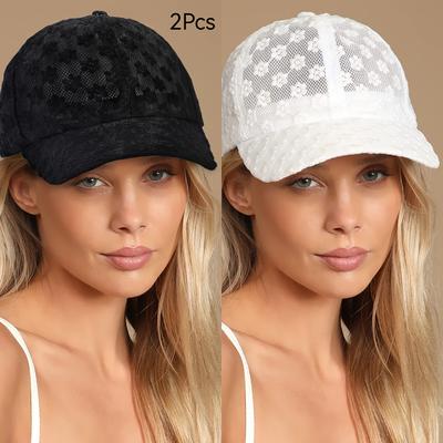 TEMU 2pcs/3pcs Women's Lace Small Flower Baseball Cap Set Adjustable Hollow Lace Hat Summer Hat Sunshade Image