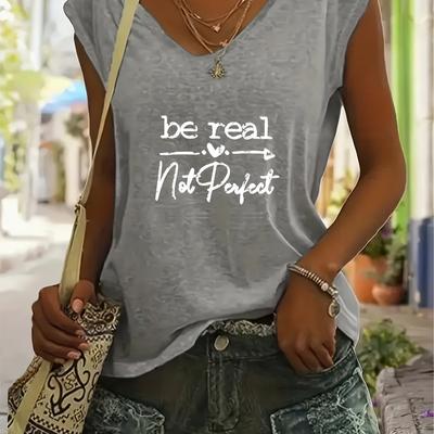 "TEMU Women's Casual V-neck Short Sleeve T-shirt - Comfortable, Loose Fit, Black With Inspirational "be " Print, Heart & Line Art Design, Machine Washable" Image