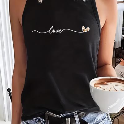 "TEMU Women's Y2k Sleeveless Tank Top - Casual Loose Fit, White With Black "love" Script & , Activewear, Ladies Tank Tops" Image