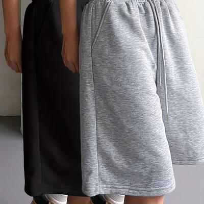 TEMU Women's Casual Solid Color Loose-fit Drawstring Shorts - Black + Gray, 5-, Lightweight Polyester, , Casual Wear Shorts | Relaxed Fit Shorts | Lightweight Shorts Image