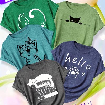 TEMU Cute Little Kitten Five-piece Sister Outfit, Stylish Retro Style For Spring And Summer, Casual Sports Top With Round Neck Short Sleeves, In Sizes S-xxl. Image