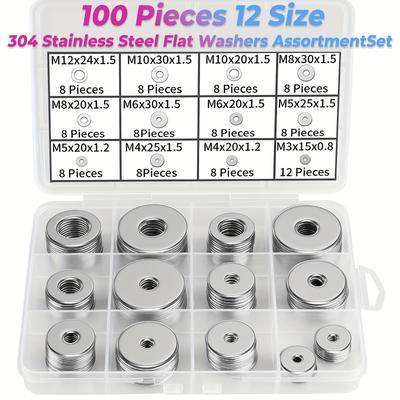 TEMU 100pcs Assorted 304 Stainless Steel Flat Washers - 12 Sizes (m3-m12), Large & Small, Ideal For Screws & Bolts, Screw Washer | Assorted Washer Set | Stainless Steel Washer, Washer Assortment Image