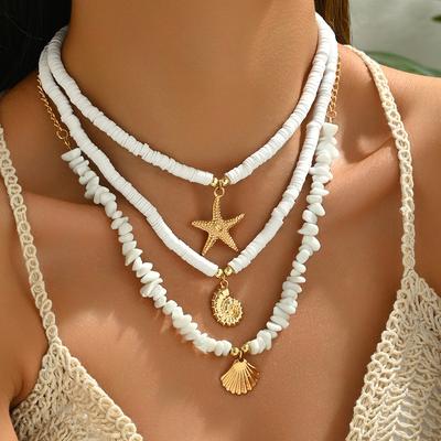 TEMU 3pcs Women's Fashion Pendant Necklace Set, Summer Beach Starfish Shell Soft Round Plate Irregular Stone Multi-strand Neck Chain, Soft Clay Material, Seaside Vacation And Beach Wear Image