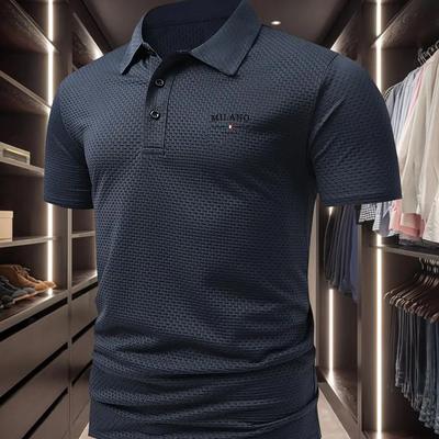 TEMU Print Men's Breathable Knit Shirt - Casual Regular Fit, Geometric Pattern, Summer Tee With Button Details, Logo, Casual Attire Image