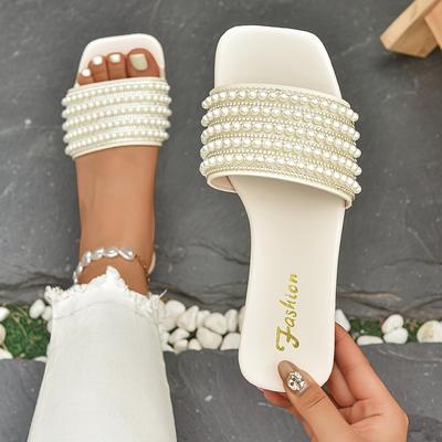 TEMU Elegant -toe Slide Sandals With & Rhinestone Accents - Chic Summer Beach & Casual Wear, Flat Heel, Synthetic Cover, Rubber Sole, Hand Washable - Home, Vacation, And Casual Attire, Summer Sandals Image