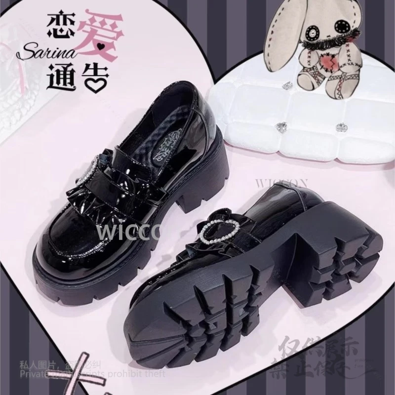 Jirai Kei Y2K Loafer Kawaii Schuhe Strass Herz Japanische Basic Schwarz Leder Lolita Süße Schwarze Schuhe Stil Süße Sexy Schuhe