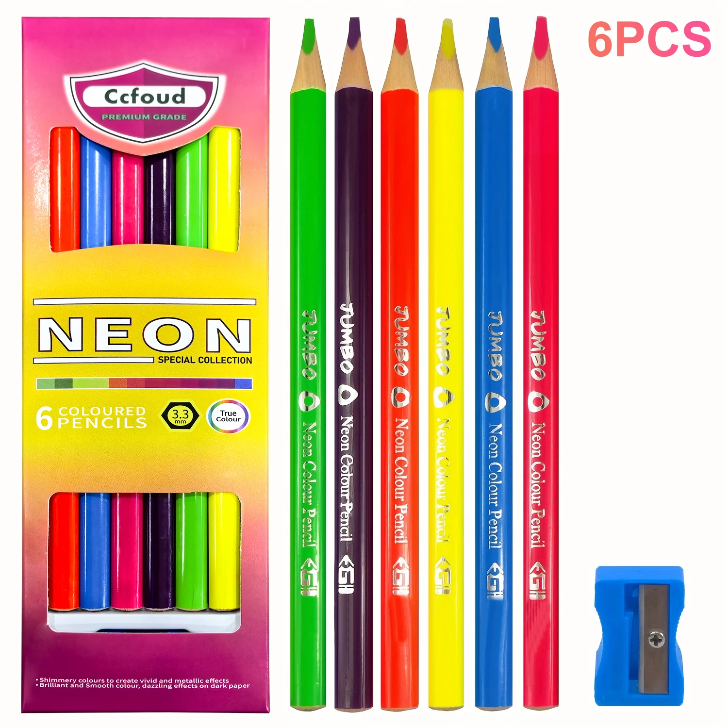 6 Stück Neonstifte, Holzstift mit Spitzer, fluoreszierende farbige Holzstifte, bunte runde Bleistifte, Schreiben, Zeichenstifte Image