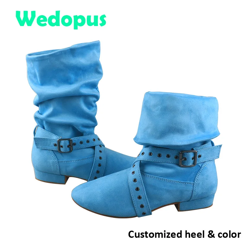 Wedopus Maßgeschneiderte 28 Farben Sepatu Dance Warme Stiefel Hellblaues Wildleder Weicher Urban Line Tanzstiefel mit Reißverschluss 2 cm Halbstiefel