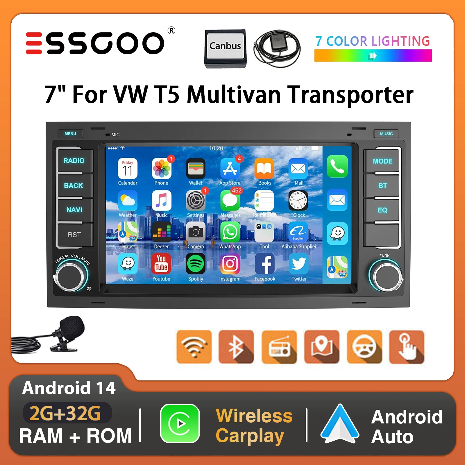 ESSGOO 7 "Display Android 14 Für VW T5 Multivan Transporter Drahtlose Carplay Androdi Auto GPS Nav WiFi BT RDS BT SWC Spiegel Link Image