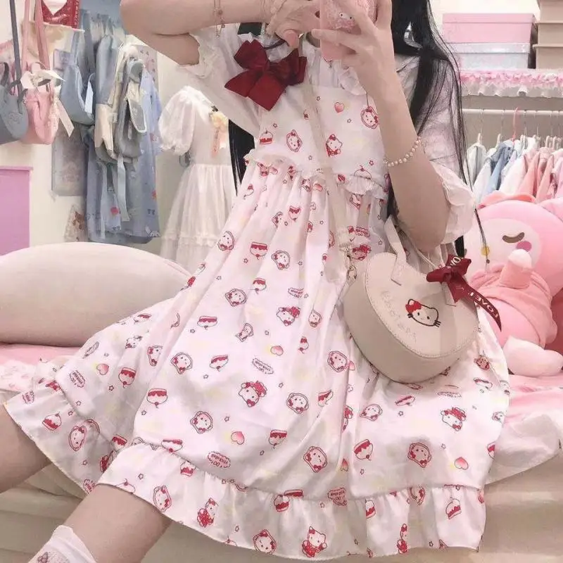 Sanrio Hello Kitty Süßes Lolita Kleid Mädchen Kawaii Chic Elegantes Kleid Y2K Traf Hosenträger Lose Damen Sommer Ärmellos Rock Neu