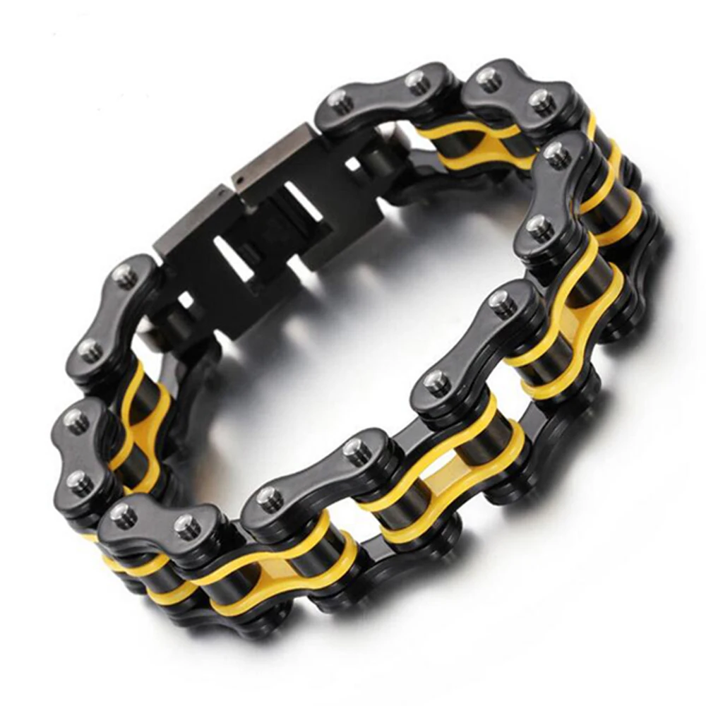 16mm Punk Yellow Motor Bike Motorcycle Chain Bracelet Bangle Men Women Black Stainless Steel Biker Bicycle Wristband Jewelry