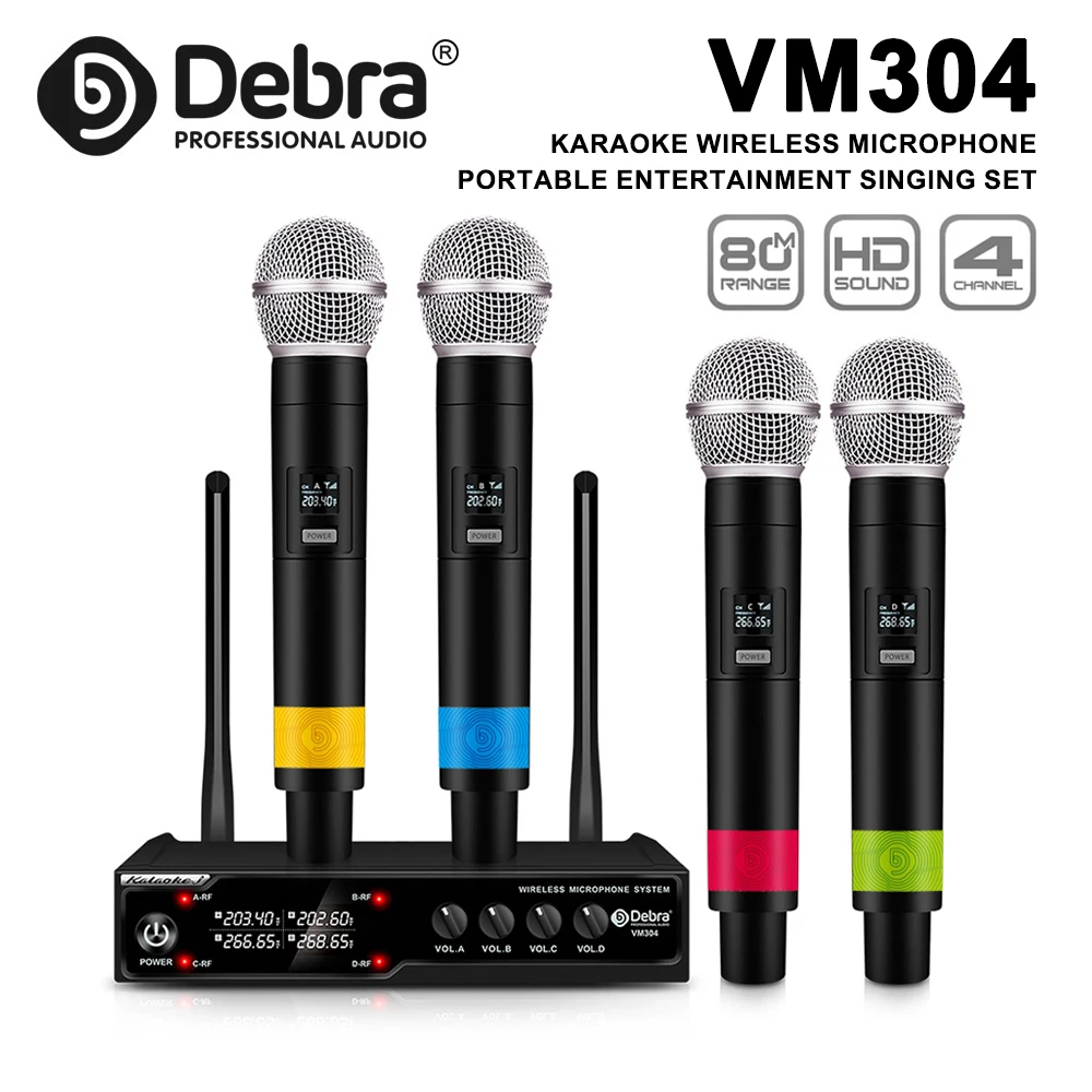 vm304 4-Kanal-Handmikrofonsystem, Handmikrofon, Übertragungsreichweite 80 Meter, für Hochzeiten, Bühnen Image