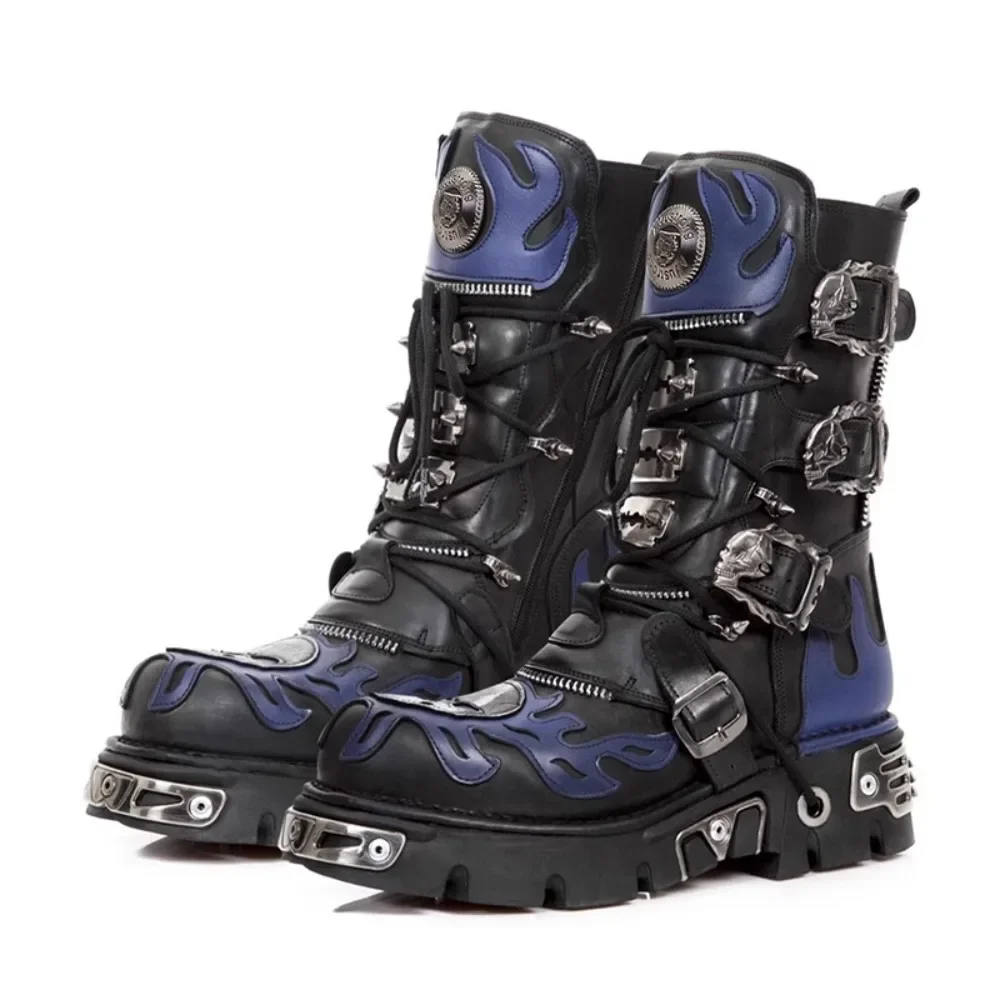 Nuovi uomini Fiamma Metallica Goth Skull Punk Stivali da moto Piattaforma Stivali a metà polpaccio Rock Punta tonda Zip Donna Western Biker Fashion