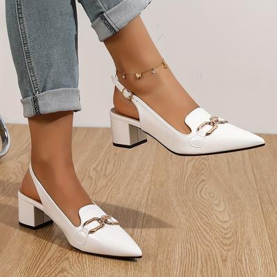 TEMU 2025 Trendy Pointed Toe Block Heel Sandals - Elegant White Synthetic With Metal Closure, Summer And Wear, Stylish Ankle Strap Sandals|chunky Heel Sandals| Rubber Sole, High Heel Sandals Image