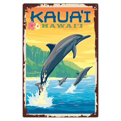 TEMU Room Decor 1pc Hawaii Dolphin Metal Tin Sign, 8x12inch Vintage Aluminum Wall Art, Poster For Indoor & Outdoor Decor, High-quality , Ideal Gift Image