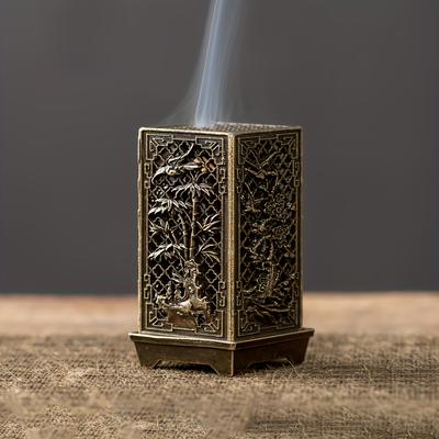 TEMU 1pc Elegant Chinese Style - Vertical Plum, Orchid, Bamboo & Chrysanthemum Designs, Metal Square Stove For Home & Tea Ceremony Decor, Incense Holder Image