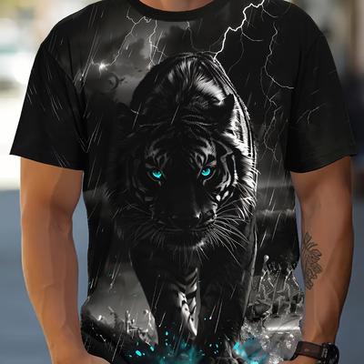 TEMU Men's Casual T-shirt With 3d Tiger Print - Comfortable, Breathable Polyester, Round Neck Short Sleeve Tee For & Vacation Wear Image