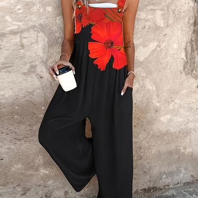 TEMU Women's Floral Print Wide Strap Work Uniform - Casual Sleeveless Wide-leg Pants For Spring/summer, Vacation, With Pockets Image
